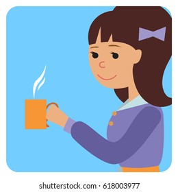 Woman with cup in her hand drinking hot coffee. Vector illustration icon