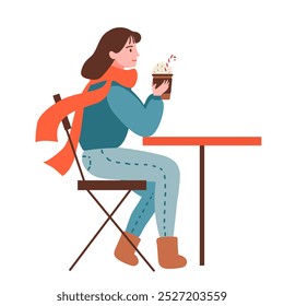 Woman with cup of hot chocolate. Character design. Winter time