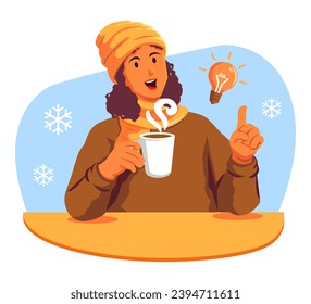 Woman with a cup of hot coffee and a light bulb