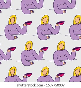 woman with cup on coffee break doodle illustration pattern