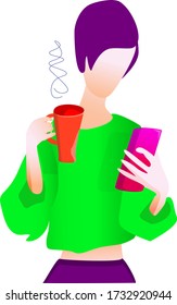 woman with a cup in one hand and smartphone in another isolated on white background. Vector, flat icon