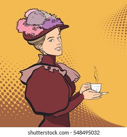 Woman with a cup of tea. Retro woman, Woman having pleasure from the delicious drink. Having pleasure. Concept idea of advertisement and promo. Pop art retro style illustration. Halftone background.