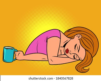 a woman with a Cup of tea is sleeping. Comic cartoon vintage retro style