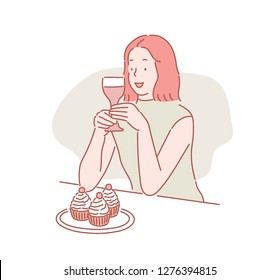 Woman with cupcake and a happy face drinking a drink. hand drawn style vector design illustrations.