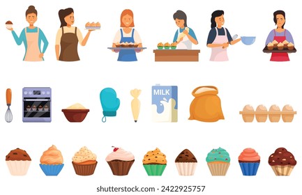 Iconos de los quequitos de la mujer establecen el vector de la caricatura. Comida dulce femenina. Cocina de Accidentes