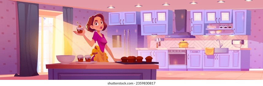 Woman with cupcakes in kitchen vector illustration. Female chief bake sweets with modern kitchenware and cooking furniture. Clean floor, curtain on window and sunlight ray indoor background concept