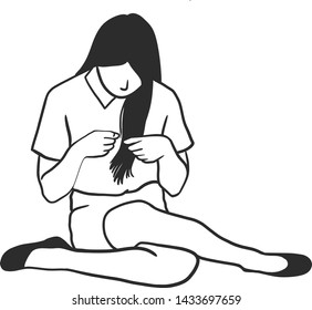 The woman curiously looking of her hair thread while she sat with crossed legs on the floor.