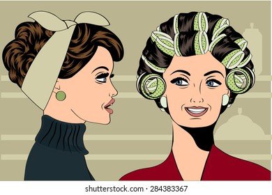 Woman with curlers in their hair talking with her friend, vector format