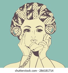 Woman with curlers in their hair talking at phone, vector format