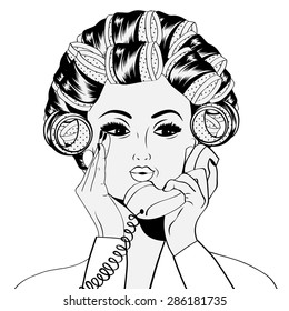 Woman with curlers in their hair talking at phone, isolated on white, vector format
