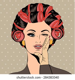 Woman with curlers in their hair, vector format