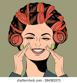 Woman with curlers in their hair, vector format