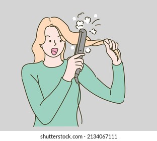 Woman with curling iron, Hair Stylist, hairdresser and people concept. Hand drawn in thin line style, vector illustrations.