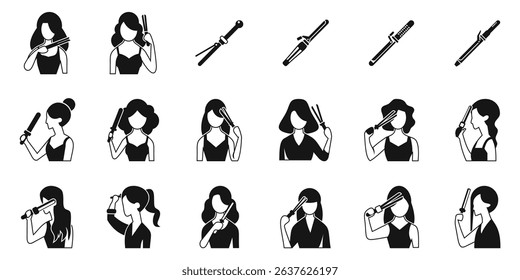 Woman curling iron icons set. Hairdressers using curling iron to style hair, showing different techniques and tools for professional hair care