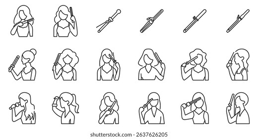 Woman curling iron icons set. Women styling their hair using a curling iron, creating various hairstyles, depicted in a set of line icons