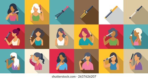 Woman curling iron icons set. Collection of colorful flat design icons featuring women styling their hair with curling irons