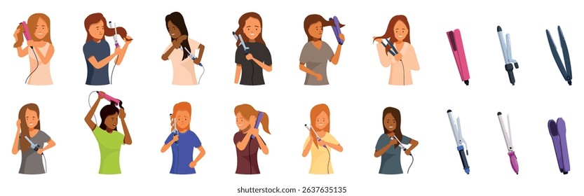  Woman curling iron icons set. Women styling their hair using various curling irons and hair straighteners, achieving different looks