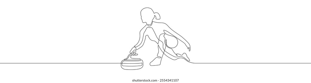 A woman curling player continuous line drawing vector illustration. Player launches a stone in curling. Curling winter sport illustration