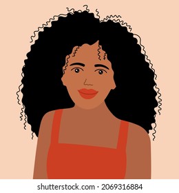 Woman with curly black hair. Smiling girl with dark skin. Red dress. Vector 