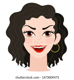 A woman with curly black hair. Vampire. Halloween. Fangs, sharp teeth. Bloodlust. Girl's head for woman face constructor. Cartoon vector style. Character. Vector.