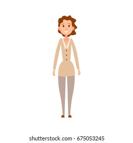 Woman with curly brown hair and friendly face expration in beige jacket isolated on white background. Female cartoon character vector illustration.