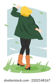 mujer con pelo rizado en la espalda y clima ventoso. hojas voladoras. concepto de meteorología, naturaleza, exterior, etc. ilustración vectorial plana