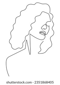 Woman with Curly Hair Closing Her Eyes in Minimal One Line Art Drawing