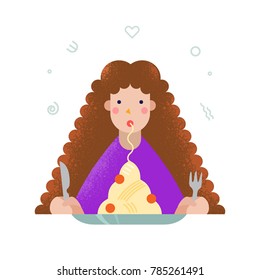 woman with curly hair eating spaghetti with meatballs vector illustration