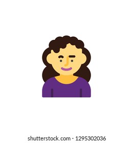 Woman with curly hair flat icon, vector sign, colorful pictogram isolated on white. Cute girl avatar character symbol, logo illustration. Flat style design