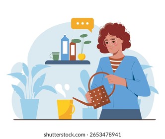 Woman with curly hair and glasses watering indoor plants using a polka-dot watering can, flat graphic style, with a cozy home background. Concept of home gardening. Vector illustration