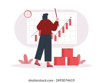 A woman with curly hair is looking at the board chart of the increase in sales of her product. Character design. Vector flat illustration