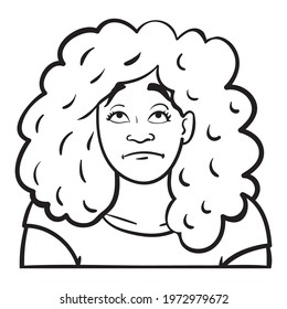 woman with curly hair looks up disappointed. monochrome, comic, avatar, outline.