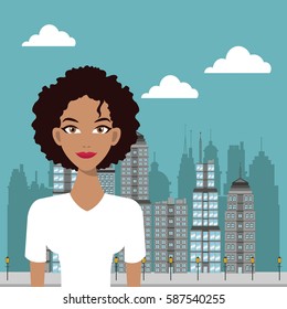 woman with curly hair over an urban building background