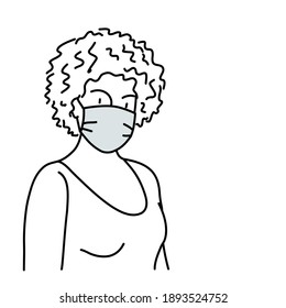 Woman with curly hair in protective mask. Hand drawn vector illustration.