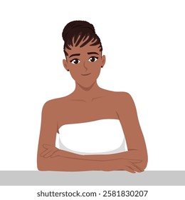 Woman with curly hair sits calmly, wrapped in a white towel ready to do skincare routine. Flat vector Character Illustration