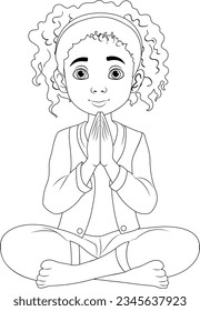 A woman with curly hair sits in meditation, praying with her eyes open