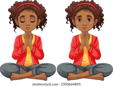 A woman with curly hair sitting in prayer and meditation