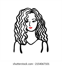 Woman With Curly Hair Style And Red Lips Vector Icon Fashion Logo Background 