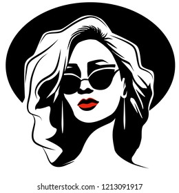 Woman with curly hair wearing butterfly sunglasses, ear jewelry and hat. Black and white style portrait with red lips. Vector illustration. Eps 10.