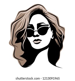 Woman with curly hair wearing butterfly sunglasses. Portrait. Vector illustration. Eps 10.