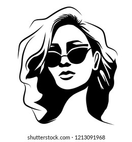 Woman with curly hair wearing butterfly sunglasses. Black and white style portrait. Vector illustration. Eps 10.