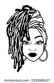 Woman Curly Hairstyle big Earrings with Head wrap Pretty Black Girl line art vector 