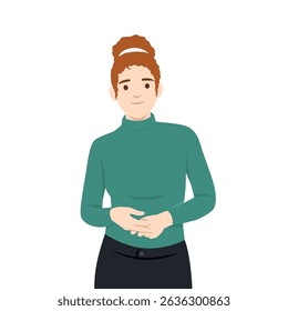 Woman with curly red hair in a bun, wearing a green turtleneck sweater and black pants. Flat vector illustration isolated on white background