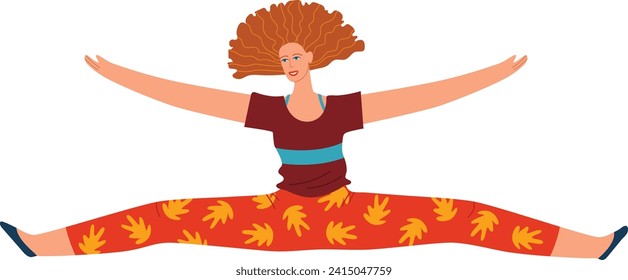 Woman with curly red hair doing split, smiling cheerfully. Gymnastics, flexibility exercise, joy and active lifestyle. Healthy living, fitness routine, cheerful redhead woman exercising vector