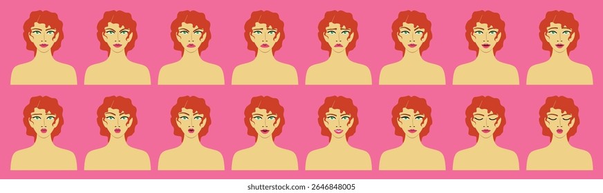 Woman with curly red hair. Emotions series