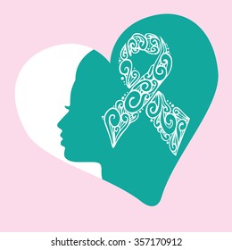 Woman and curly ribbon in heart shape logo. white - teal ribbon for cervical and ovarian cancer awareness.
