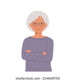 A woman with curly silver hair and glasses is standing with her arms crossed. Older female character. flat design style vector illustration.