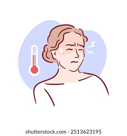 Una mujer está experimentando actualmente varios síntomas relacionados con la fiebre y una molestia general notable. Ilustración vectorial en estilo de boceto para folletos médicos, Sitio web