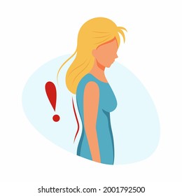 Woman with  curvature of spine. Scoliosis and back pain. Vector illustration in cartoon style.