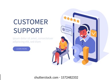 Woman Customer Asking Questions And Receive Answers. Male Customer Service Agent With Headsets Talking With Client. Online Technical Support And Helpdesk Concept. Flat Isometric Vector Illustration.